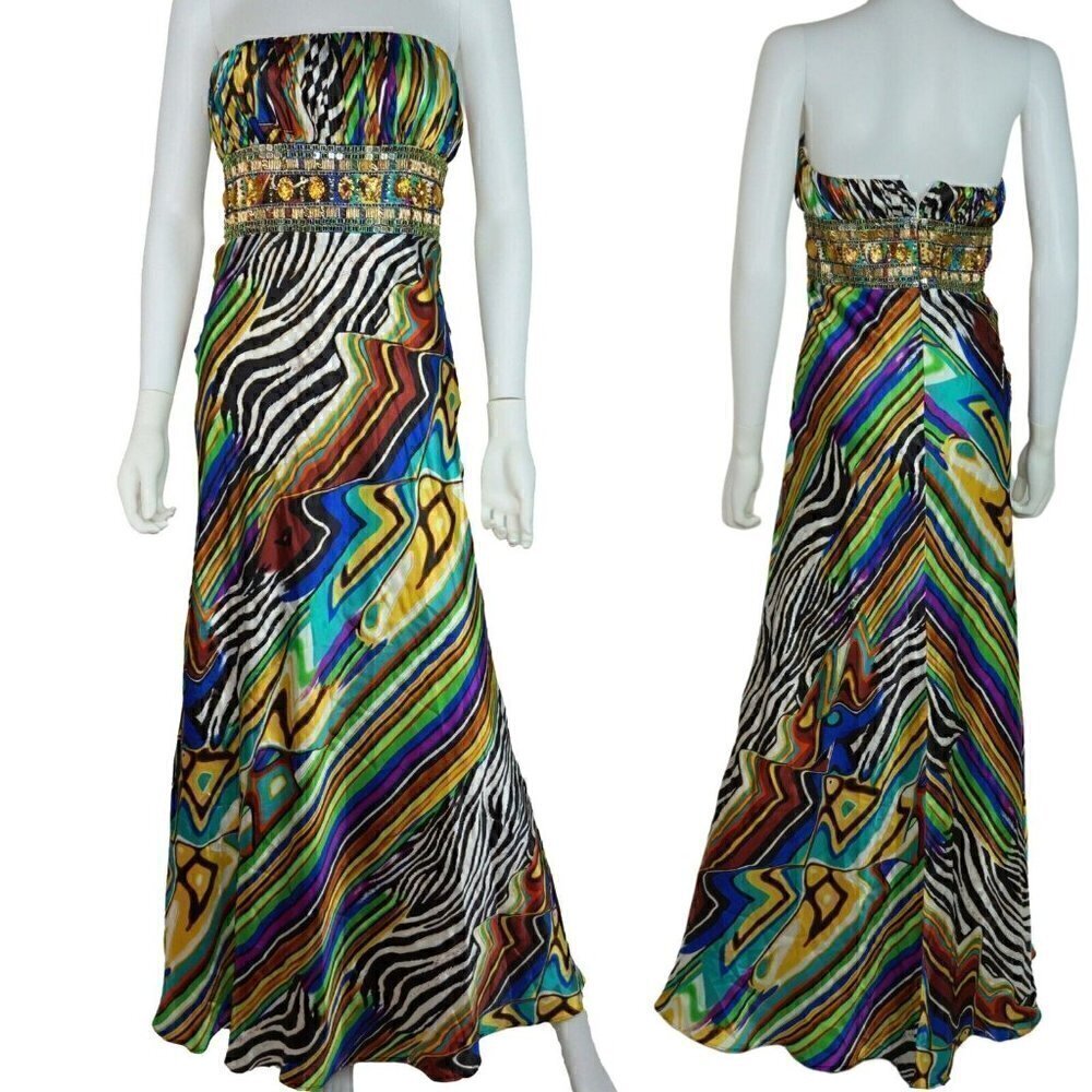 Cache Liquid Satin Formal Prom Dress Zebra Multicolored Stripes Beaded Women's 2